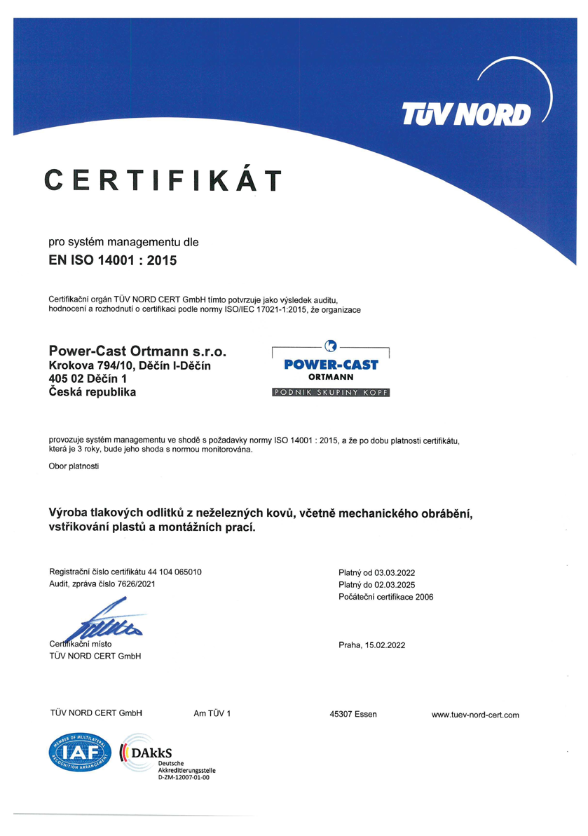 Certifikát pro systém managementu dle EN ISO 14001: 2015
